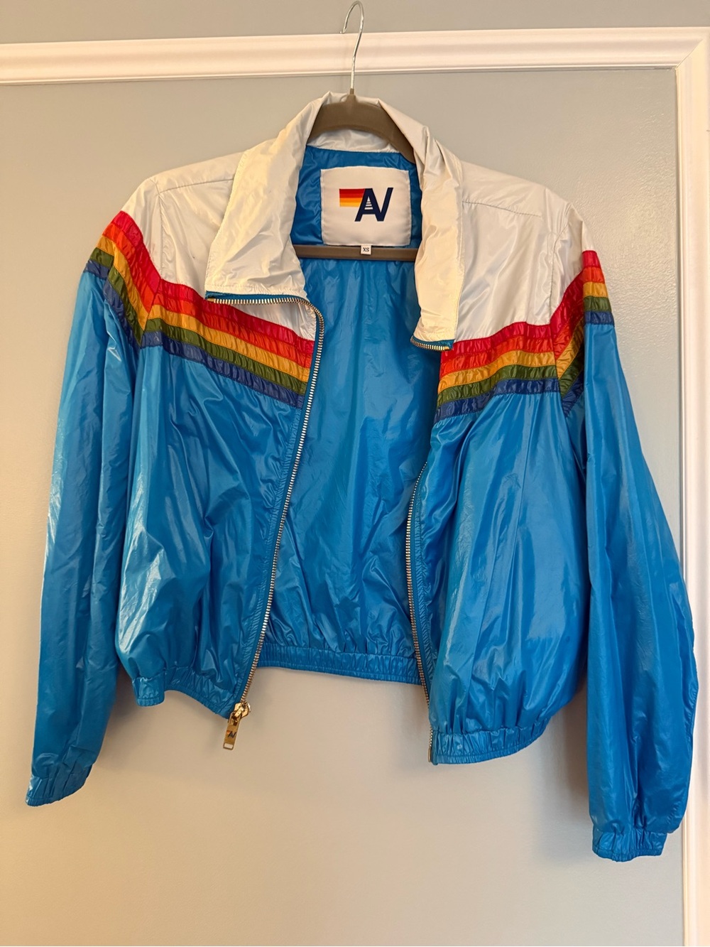 AVIATOR NATION Blue Glossy Vintage Rainbow Stripe Windbreaker Jacket
